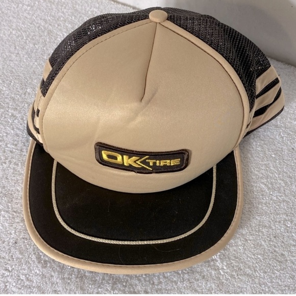 Vintage Beige Brown OK Tire Mesh Back Snap Back Trucker Hat - Picture 9 of 9
